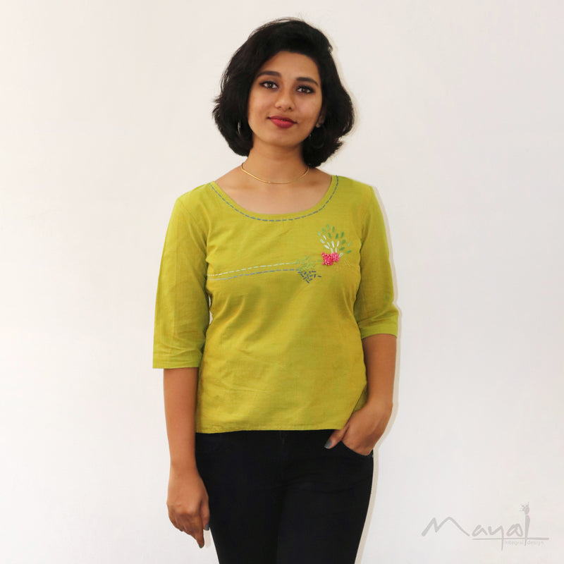 Lemon Green Minimal Embroidery Short Top