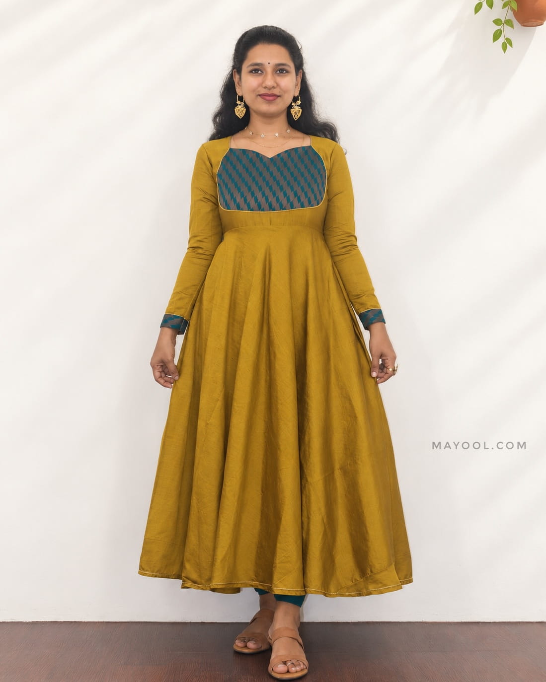 Antique Mustard Gold Silk Cotton Anarkali Dresses