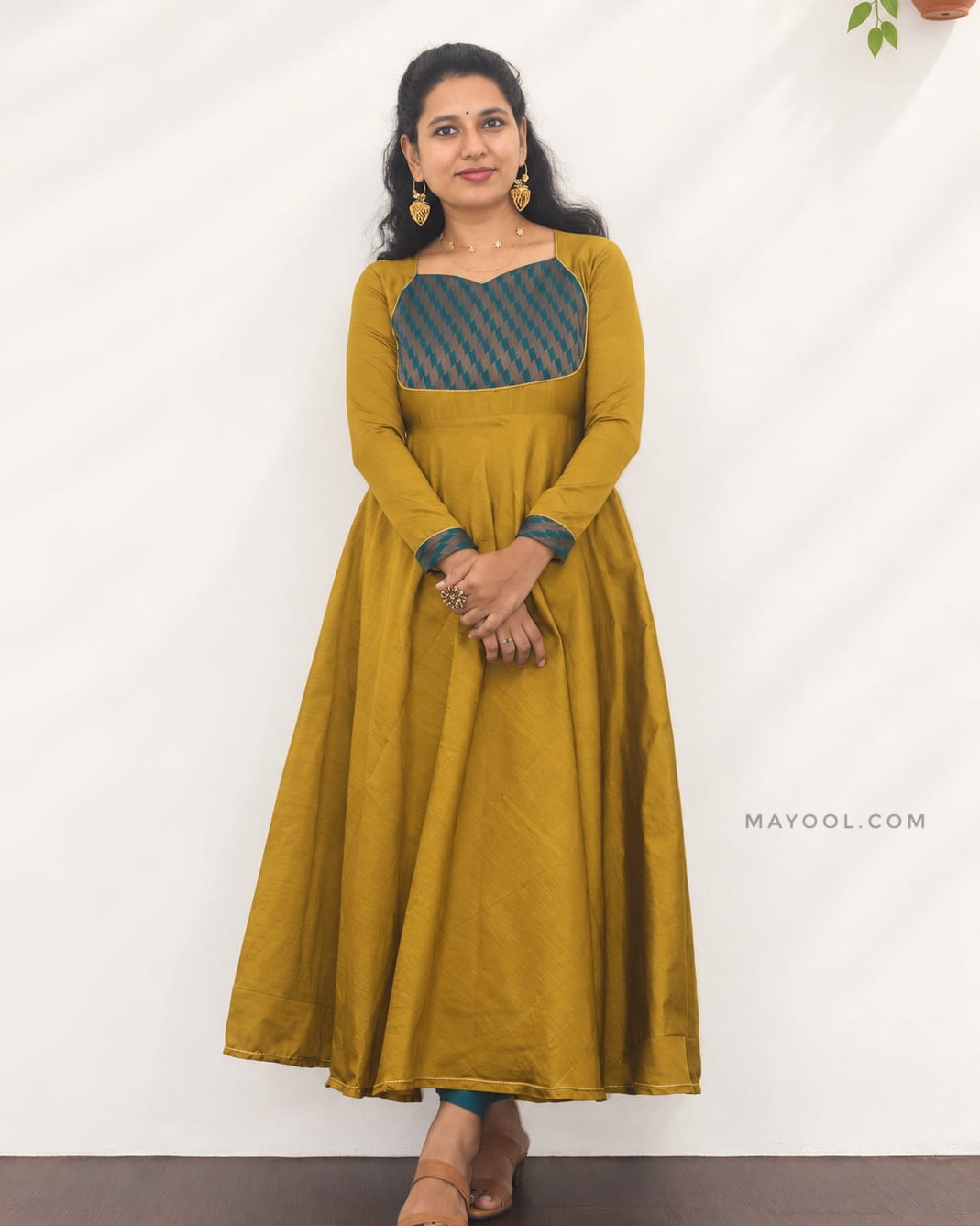 Antique Mustard Gold Silk Cotton Anarkali Dresses