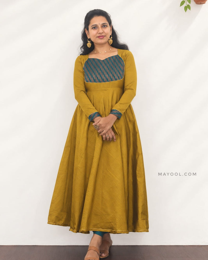 Antique Mustard Gold Silk Cotton Anarkali Dresses