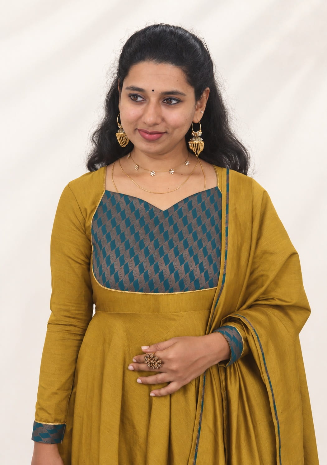 Antique Mustard Gold Silk Cotton Anarkali Dresses