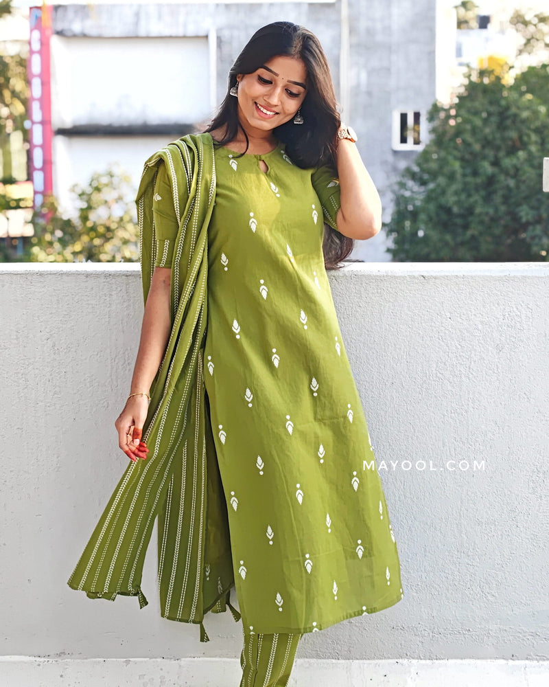 Avocado Green Jamdani Cotton Kurta