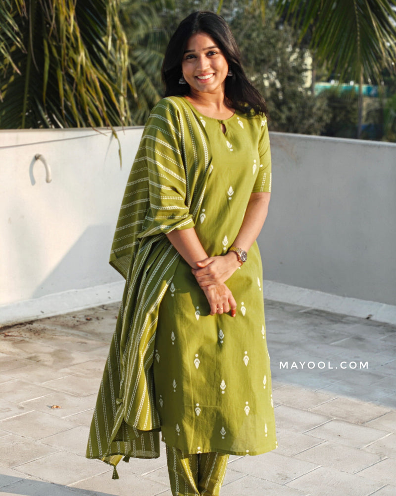 Avocado Green Jamdani Cotton Kurta