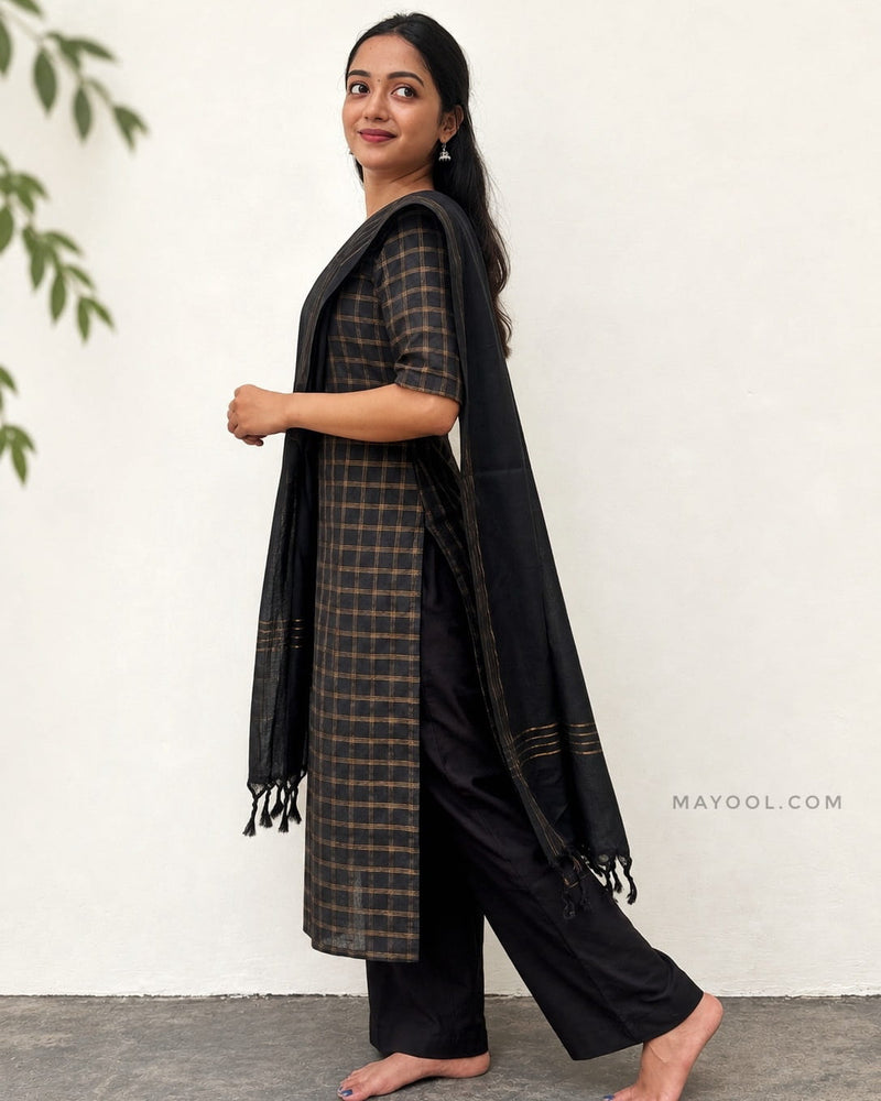 Black Jari Checks Cotton Kurta