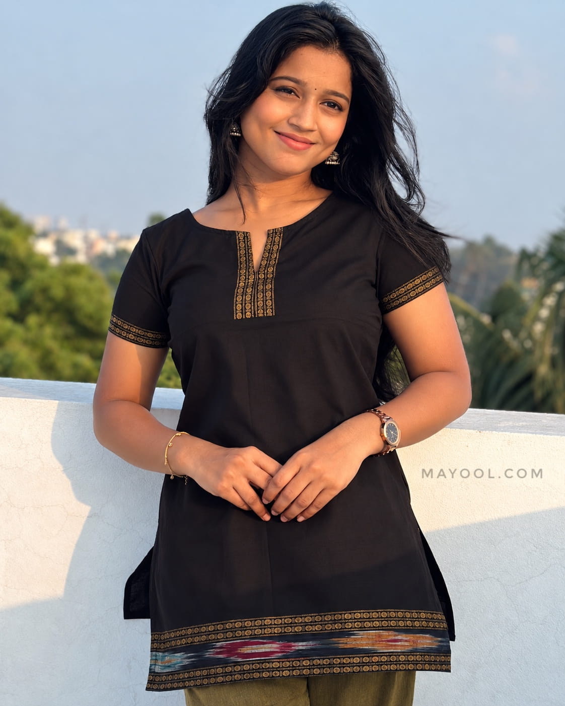 Black Jari Border Cotton Short Kurta