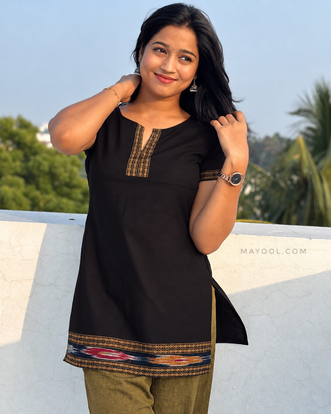Black Jari Border Cotton Short Kurta