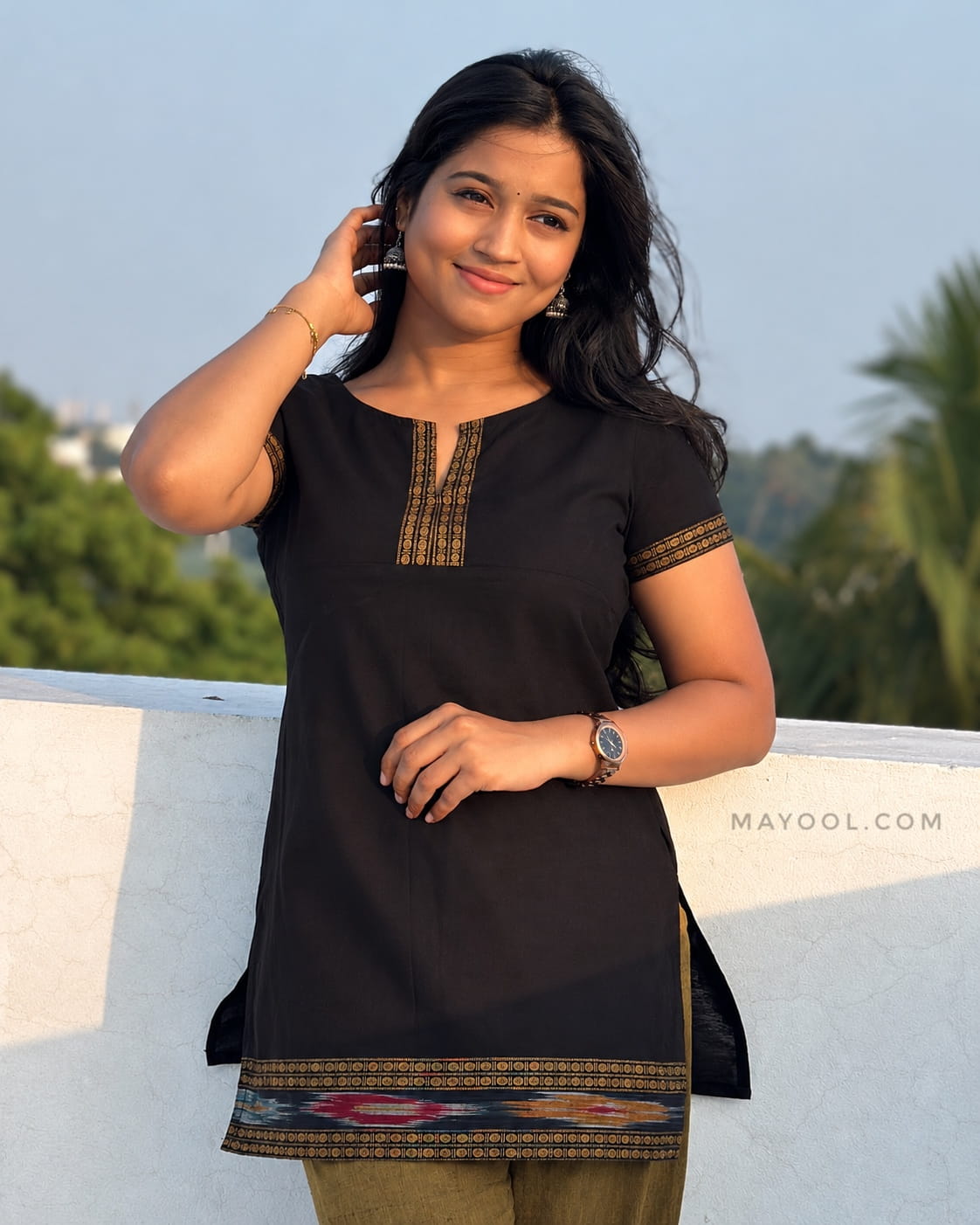 Black Jari Border Cotton Short Kurta