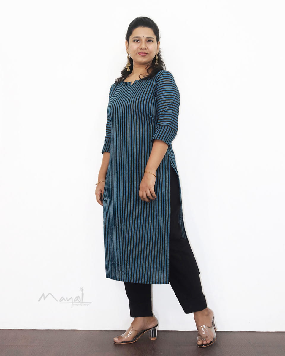 Blue Black Stripe Cotton Kurta