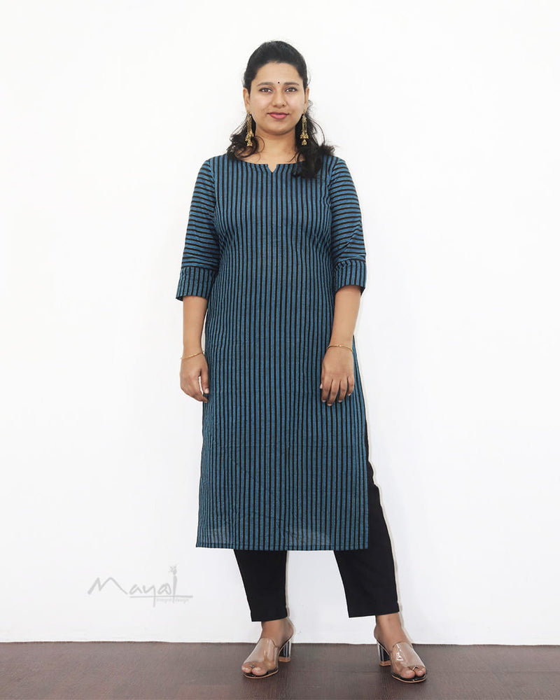 Blue Black Stripe Cotton Kurta