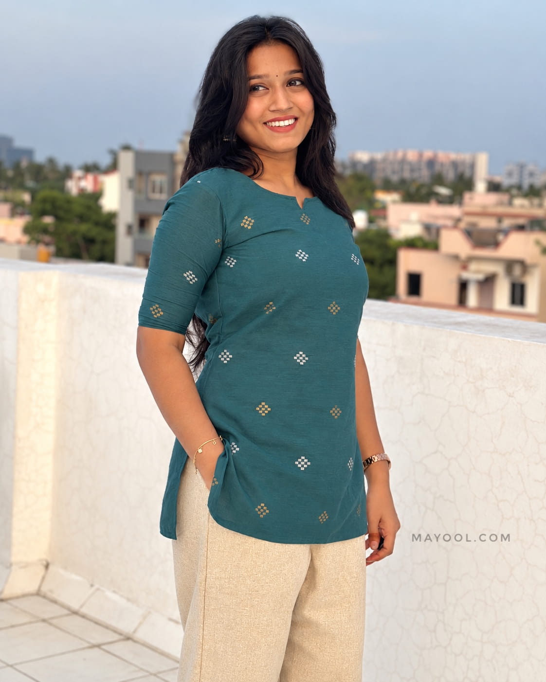 Grand Blue Jari Jacquard Cotton Short Kurta
