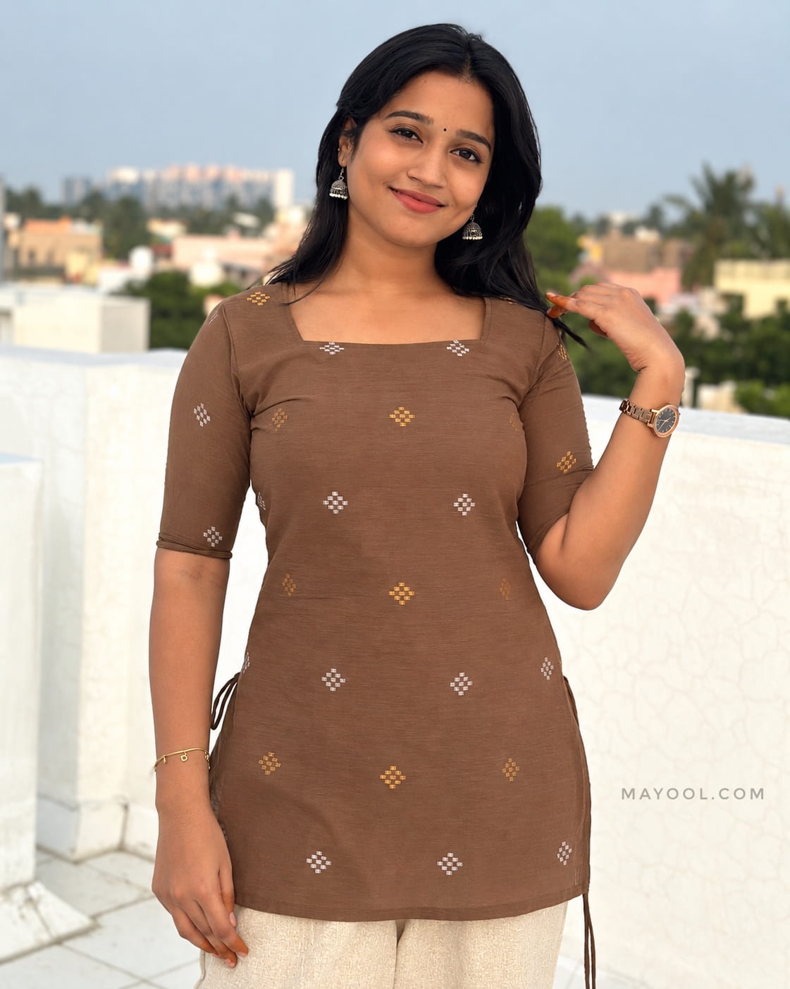 Husk Brown Jari Jacquard Cotton Short Kurta
