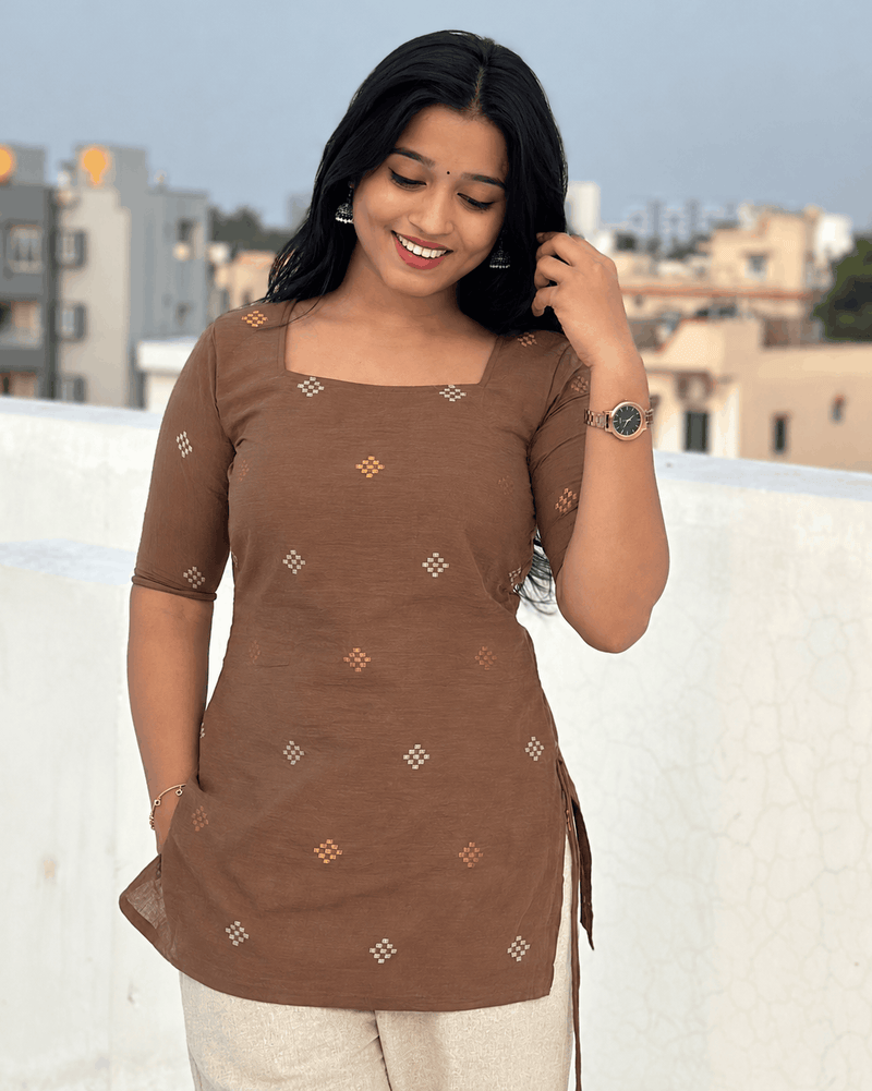 Husk Brown Jari Jacquard Cotton Short Kurta