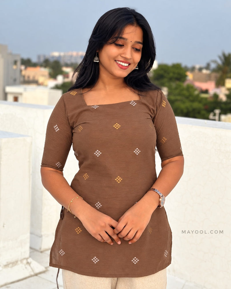 Husk Brown Jari Jacquard Cotton Short Kurta