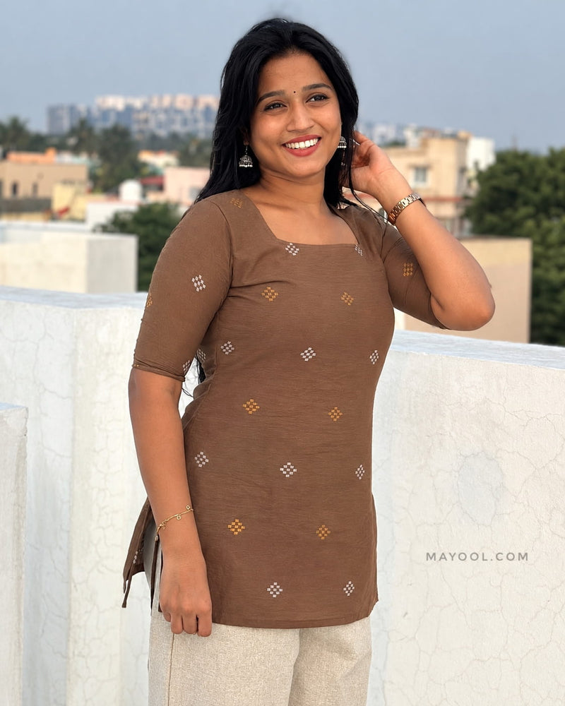 Husk Brown Jari Jacquard Cotton Short Kurta