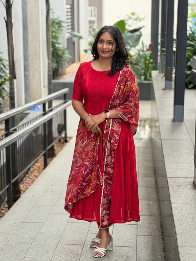 Red Solid Silk Cotton Anarkali Dresses