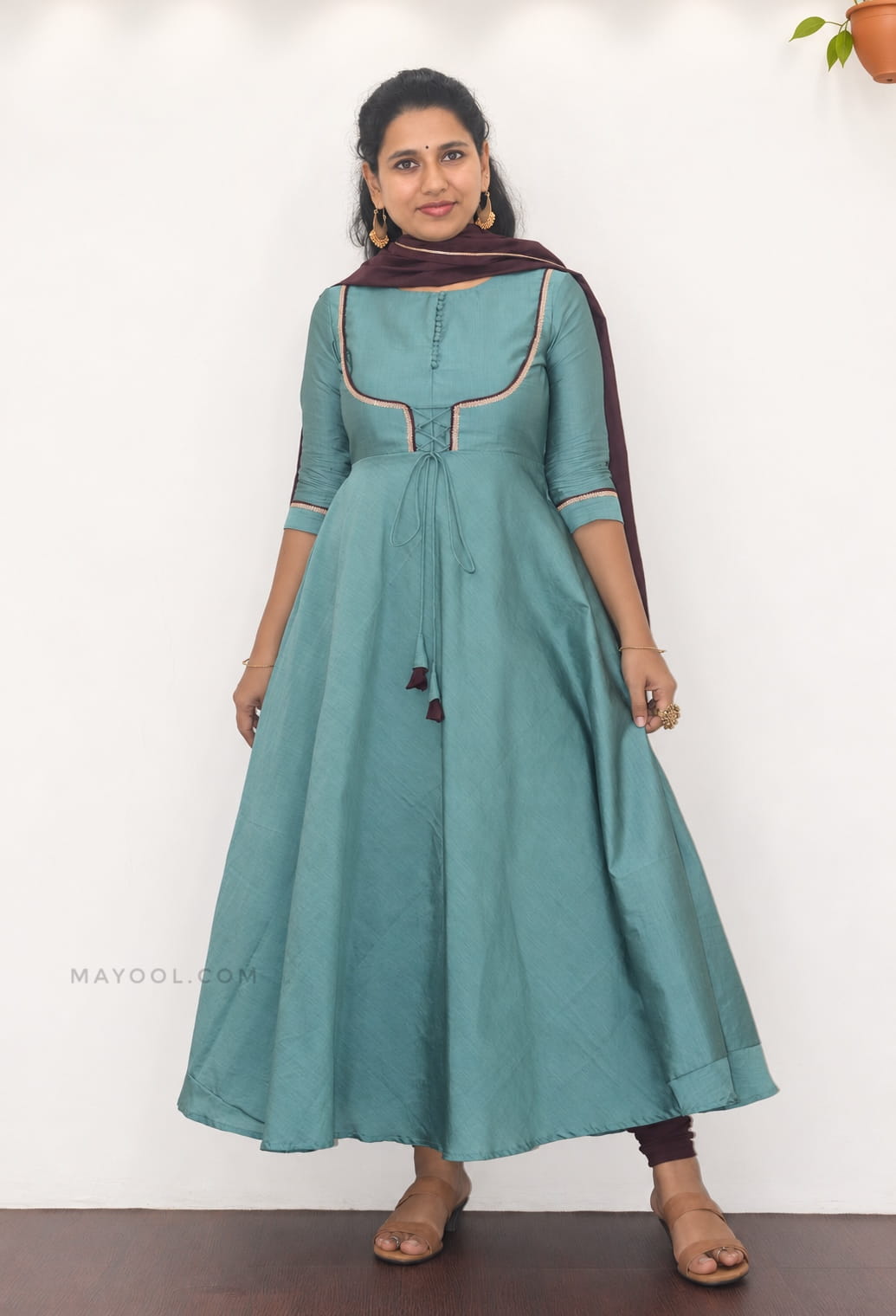 Muted Teal Silk Cotton Anarkali Dresses