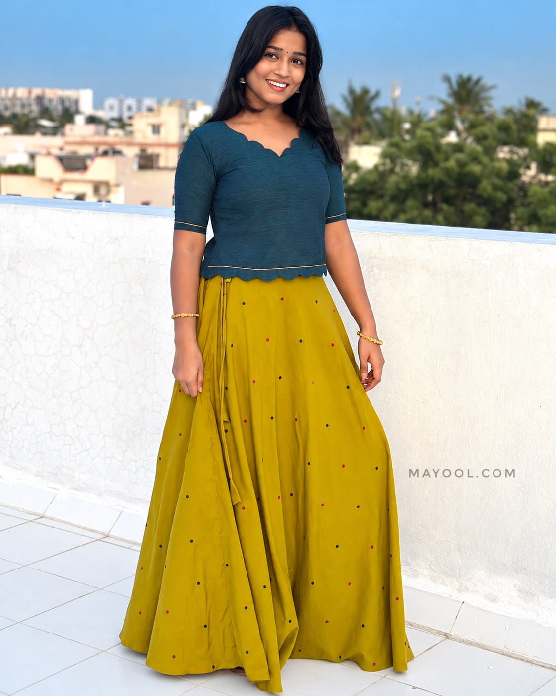 Peacock Blue Cotton Short Top & Skirt