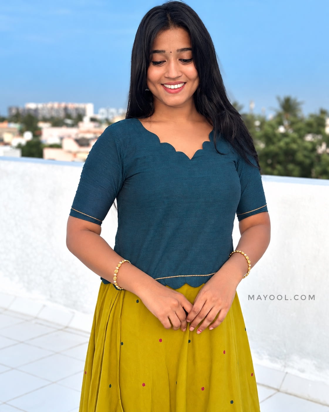 Peacock Blue Cotton Short Top & Skirt