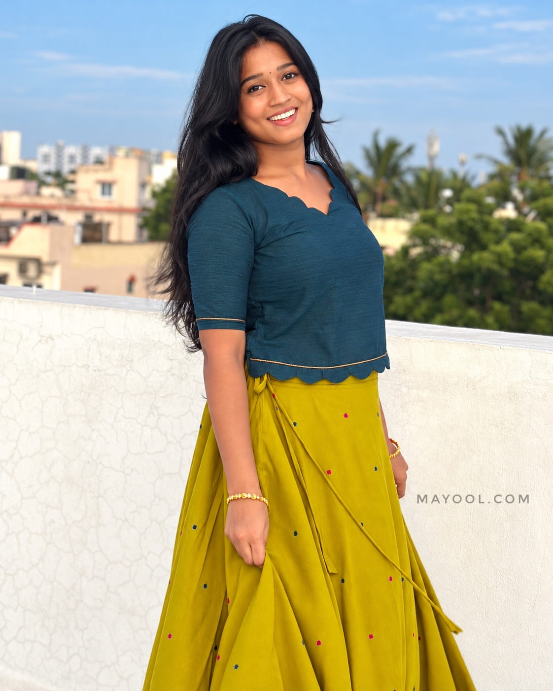 Peacock Blue Cotton Short Top & Skirt