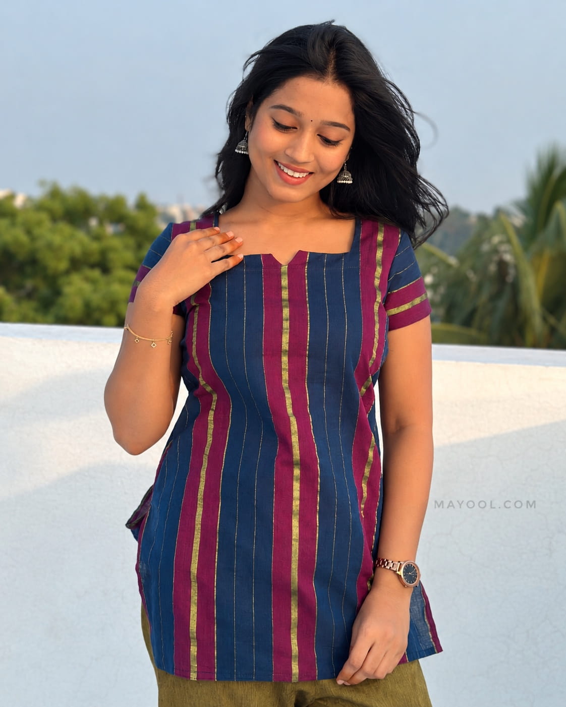 Pink Blue Jari Stripe Cotton Short Kurta