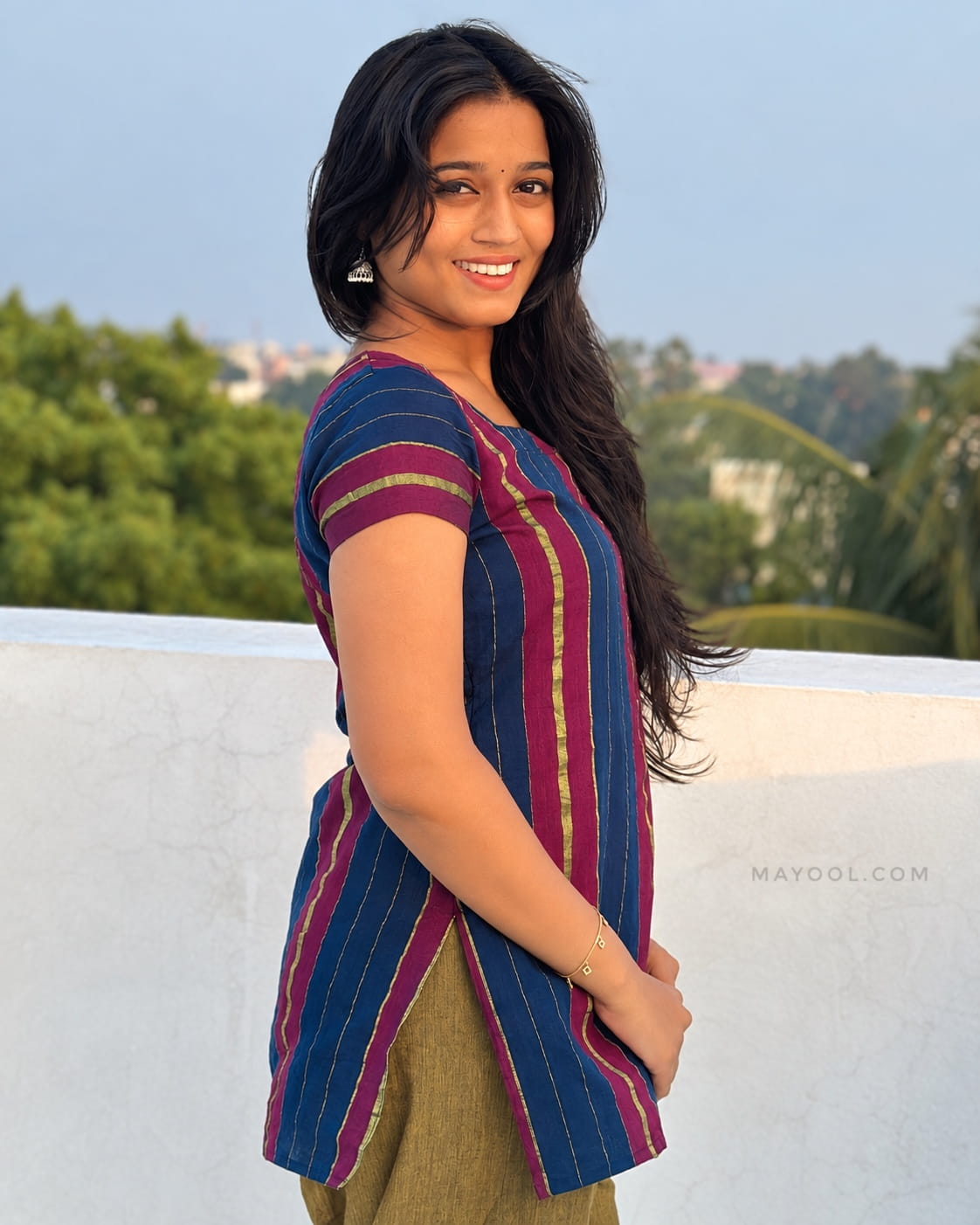 Pink Blue Jari Stripe Cotton Short Kurta