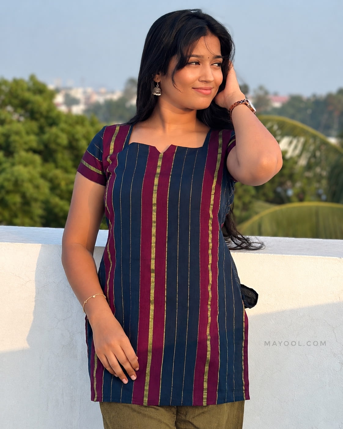 Pink Blue Jari Stripe Cotton Short Kurta
