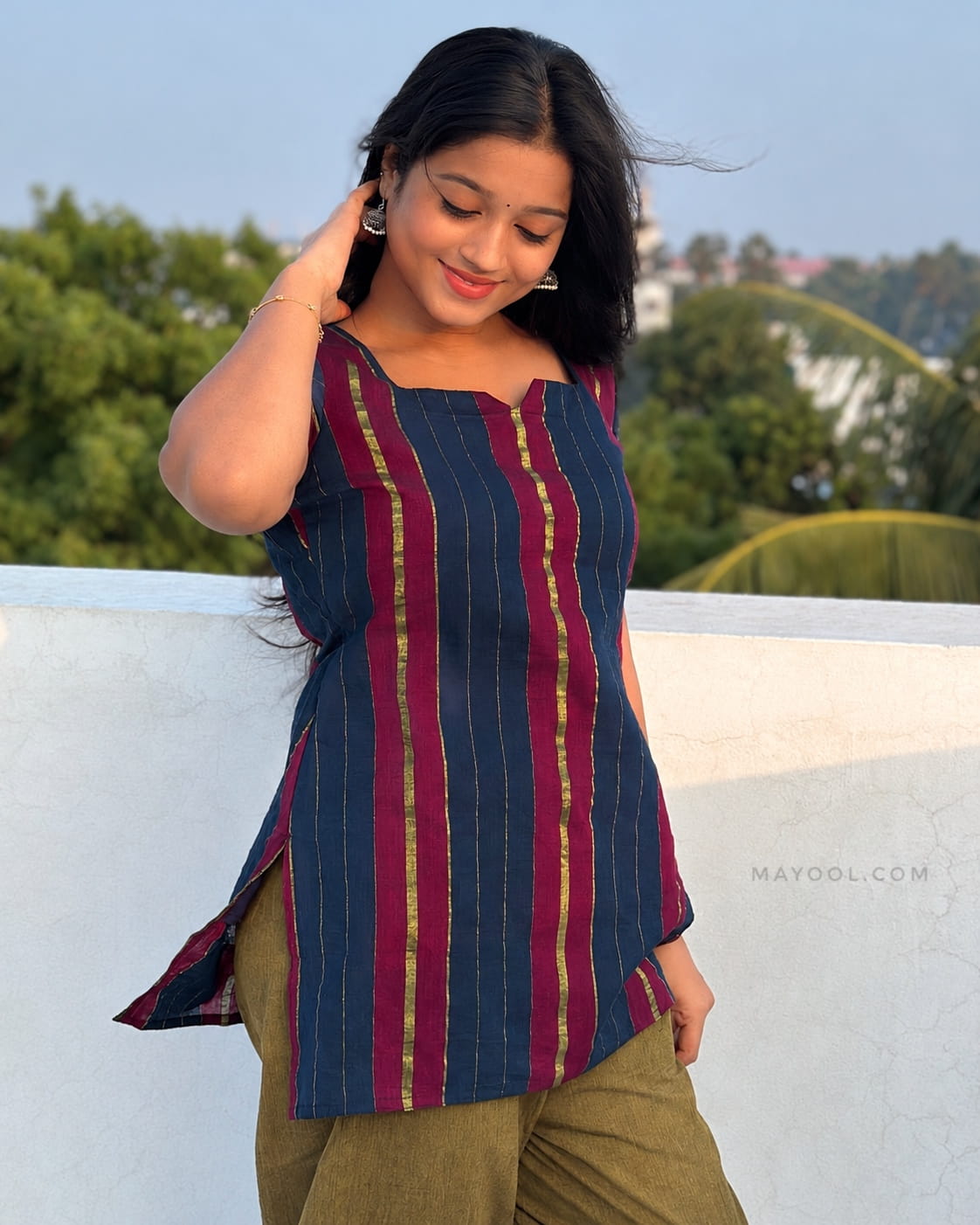 Pink Blue Jari Stripe Cotton Short Kurta