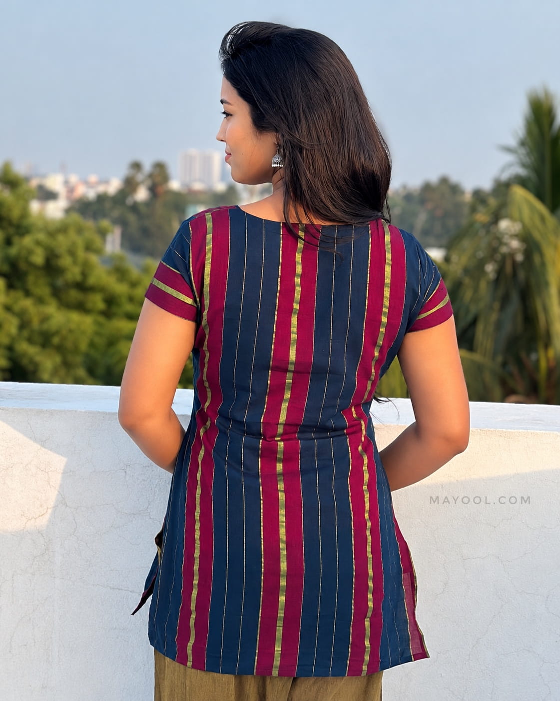 Pink Blue Jari Stripe Cotton Short Kurta
