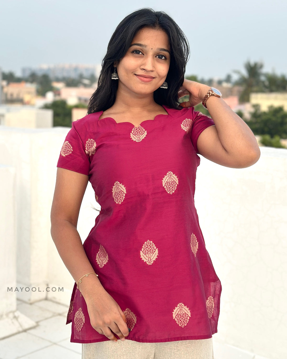 Rani Pink Silk Cotton Short Kurta