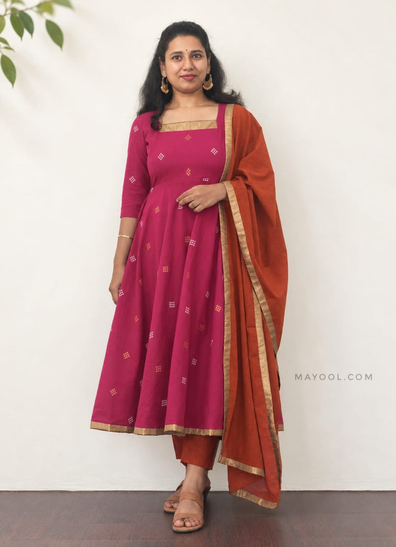 Valentine Pink Jari Jacquard Cotton Anarkali Dresses