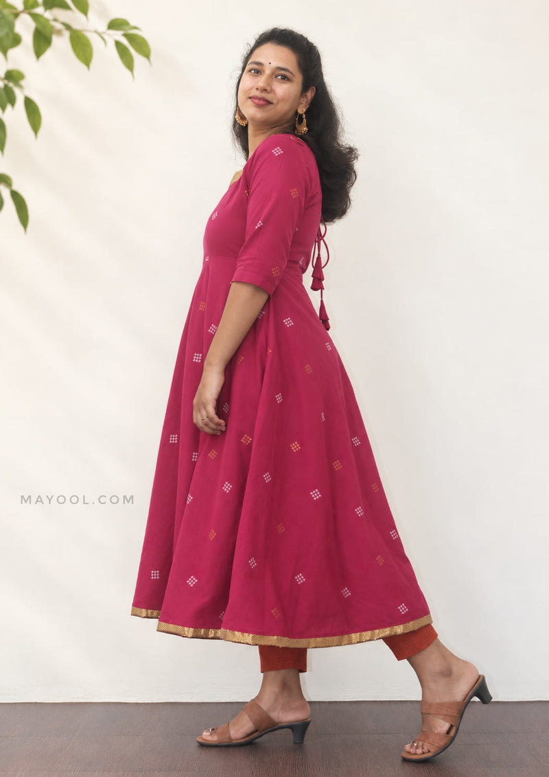 Valentine Pink Jari Jacquard Cotton Anarkali Dresses