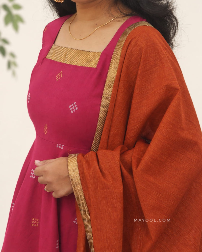 Valentine Pink Jari Jacquard Cotton Anarkali Dresses