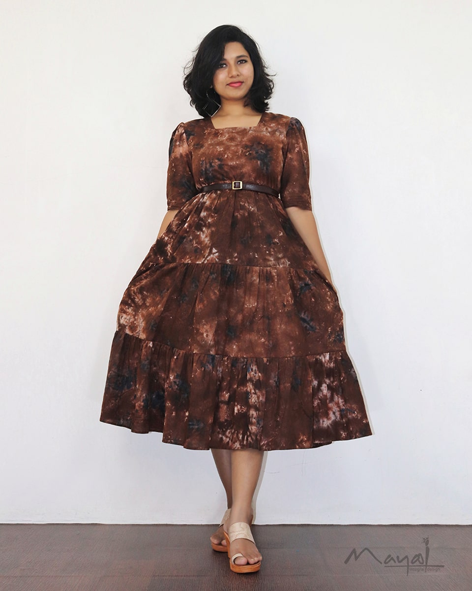 Brown Tie And Dye Flare Dresses