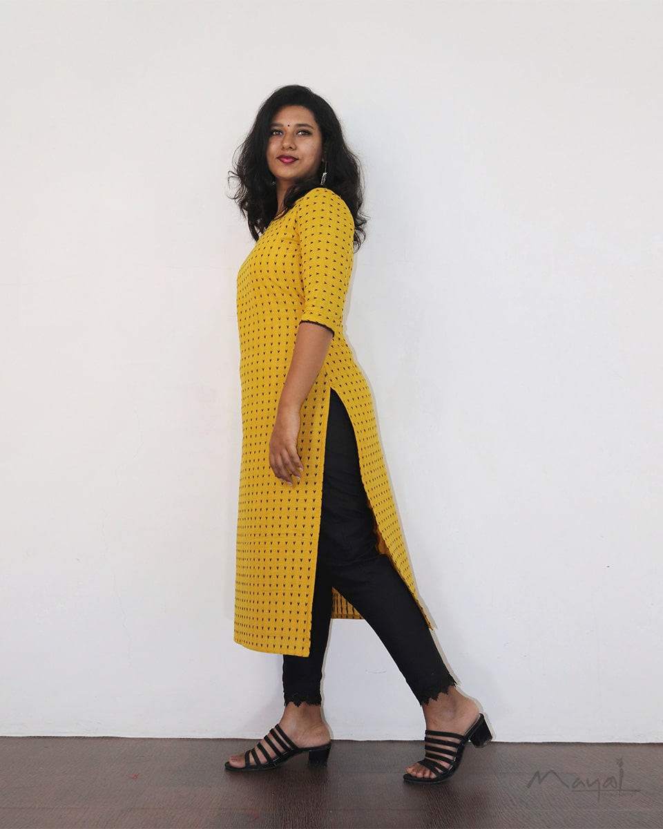 Yellow Self Design Jacquard Cotton Kurta