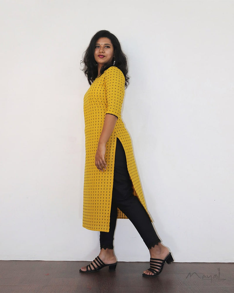 Yellow Self Design Jacquard Cotton Kurta