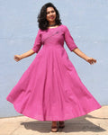 Magenta Pink Cotton Twirl Dresses with Hand Embroidery