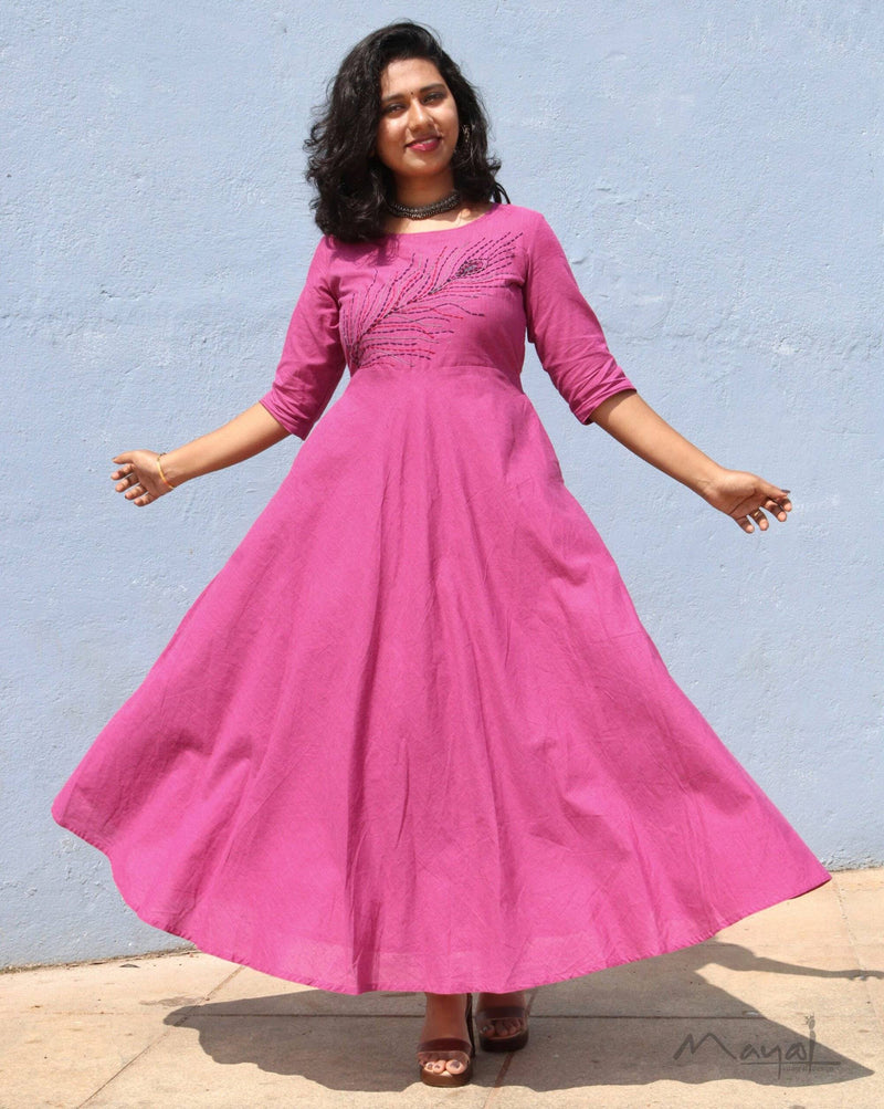 Magenta Pink Cotton Twirl Dresses with Hand Embroidery