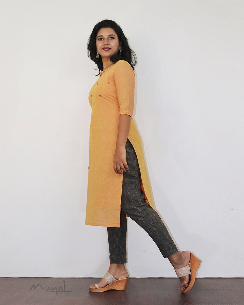 Mock Orange Cotton Kurta With Minimal Embroidery