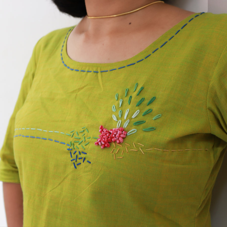 Lemon Green Minimal Embroidery Short Top