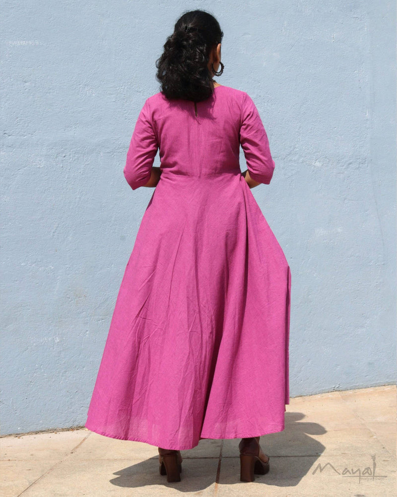Magenta Pink Cotton Twirl Dresses with Hand Embroidery