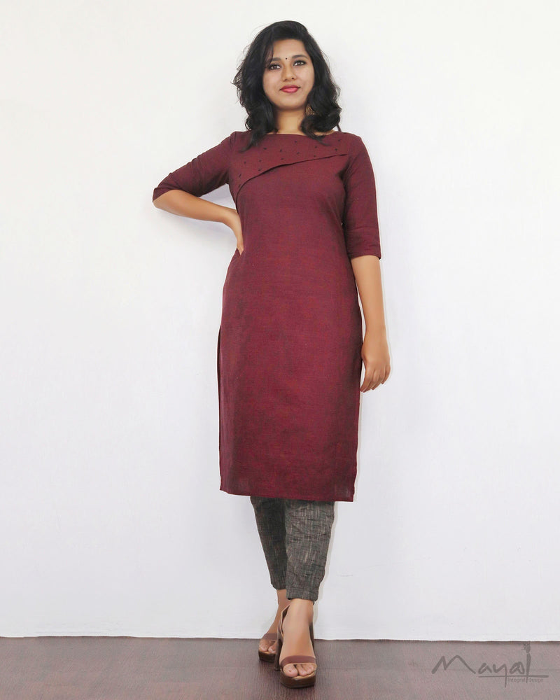 Maroon Cotton Kurta With Minimal Embroidery