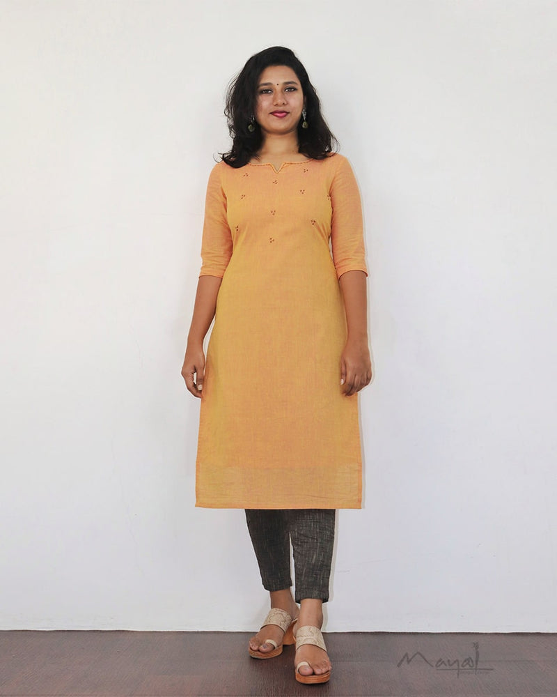 Mock Orange Cotton Kurta With Minimal Embroidery
