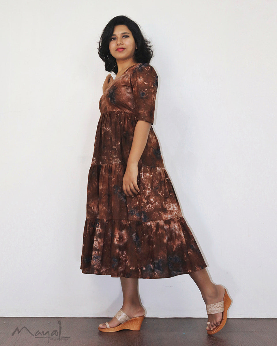 Brown Tie And Dye Flare Dresses