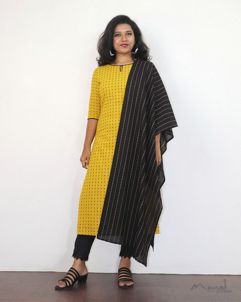 Yellow Self Design Jacquard Cotton Kurta