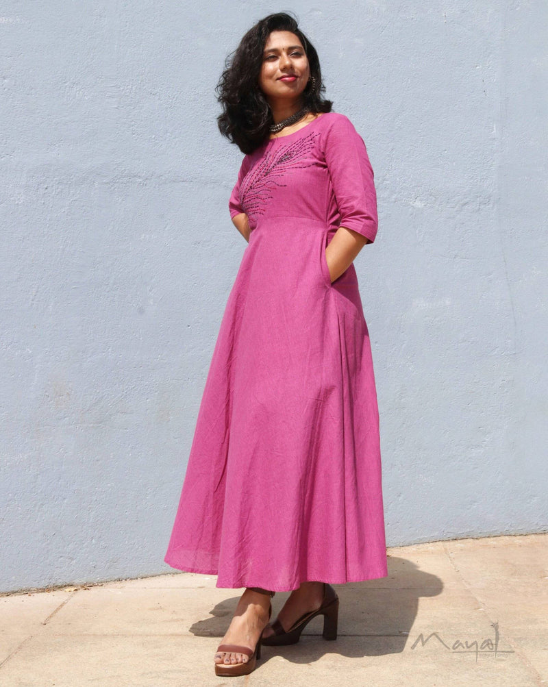Magenta Pink Cotton Twirl Dresses with Hand Embroidery