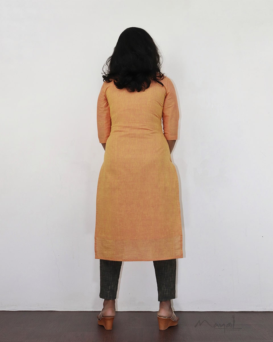 Mock Orange Cotton Kurta With Minimal Embroidery