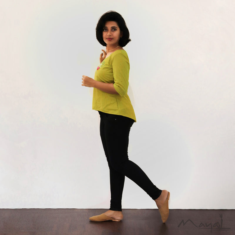 Lemon Green Minimal Embroidery Short Top