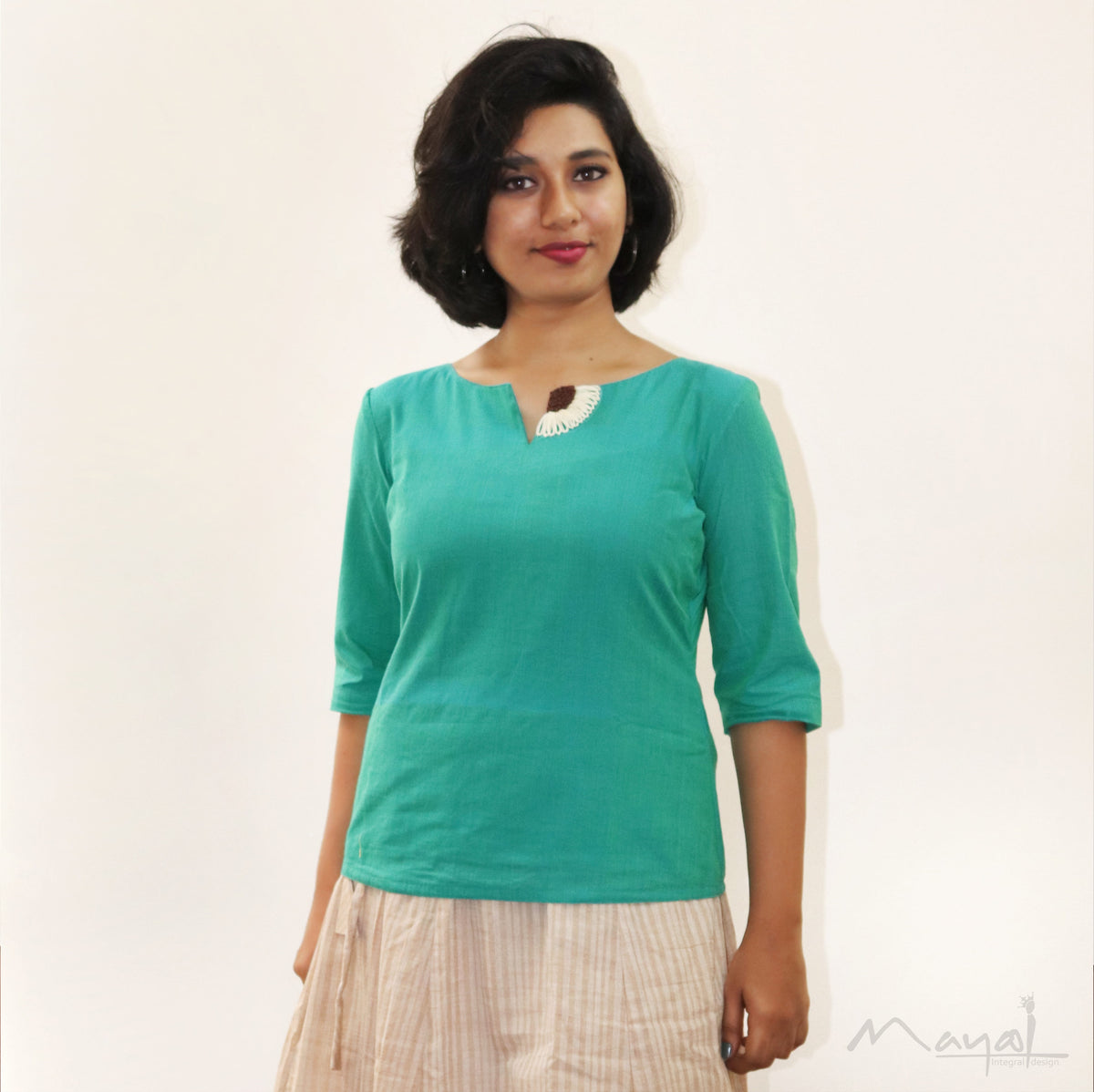 Green Short Top Minimal Embroidery