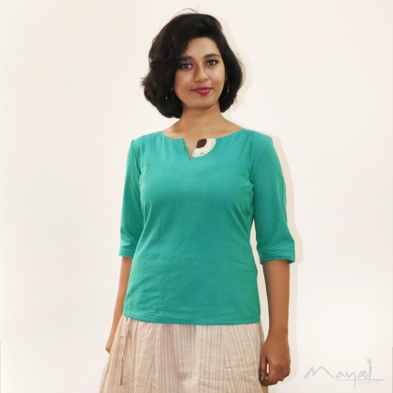 Green Short Top Minimal Embroidery