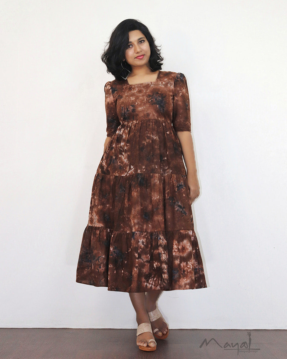 Brown Tie And Dye Flare Dresses